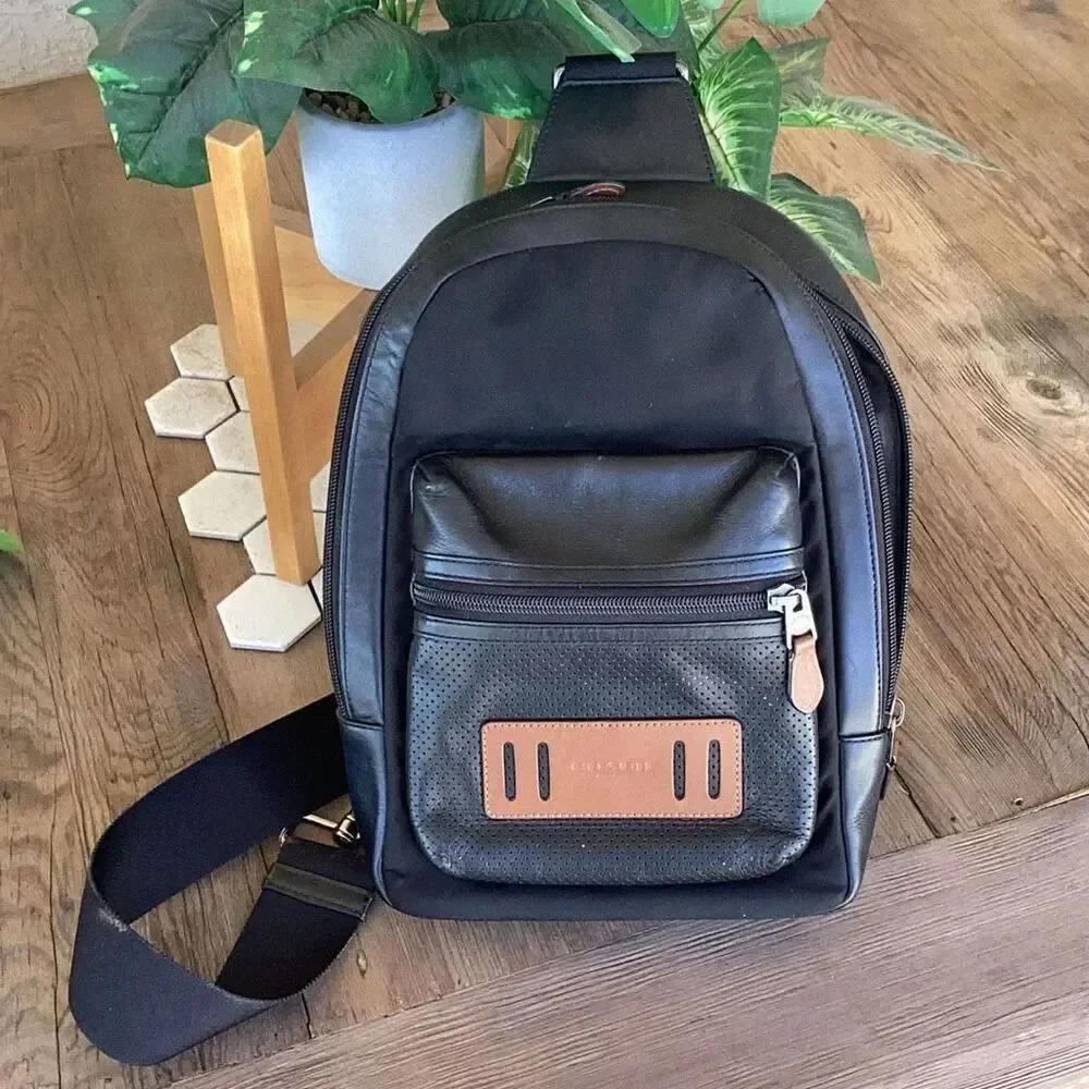 Coach New York Trek Terrain Sling Pack Backpack Black Leather Nylon Mesh